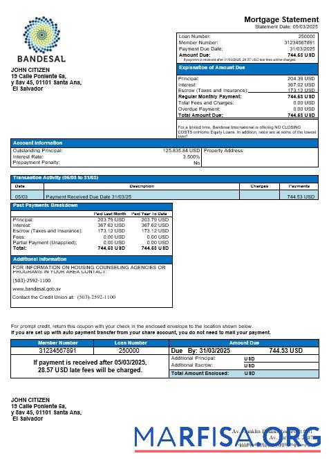 Realistic Salvador Bandesal bank mortgage statement in Word and PDF formats template